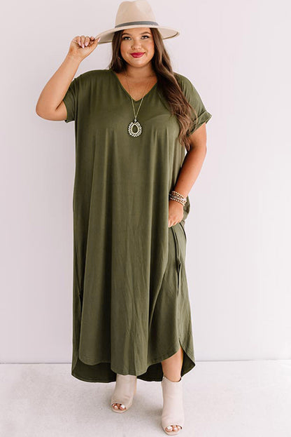 Groene Plus Size V-hals Gerolde Manchetten Maxi-jurk