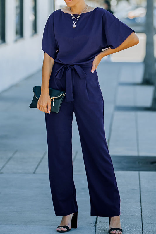 Blue Belted Wide Leg Jumpsuit