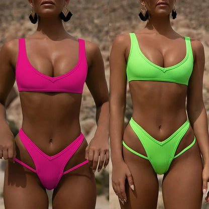 Tweedelige geribbelde neon bikini