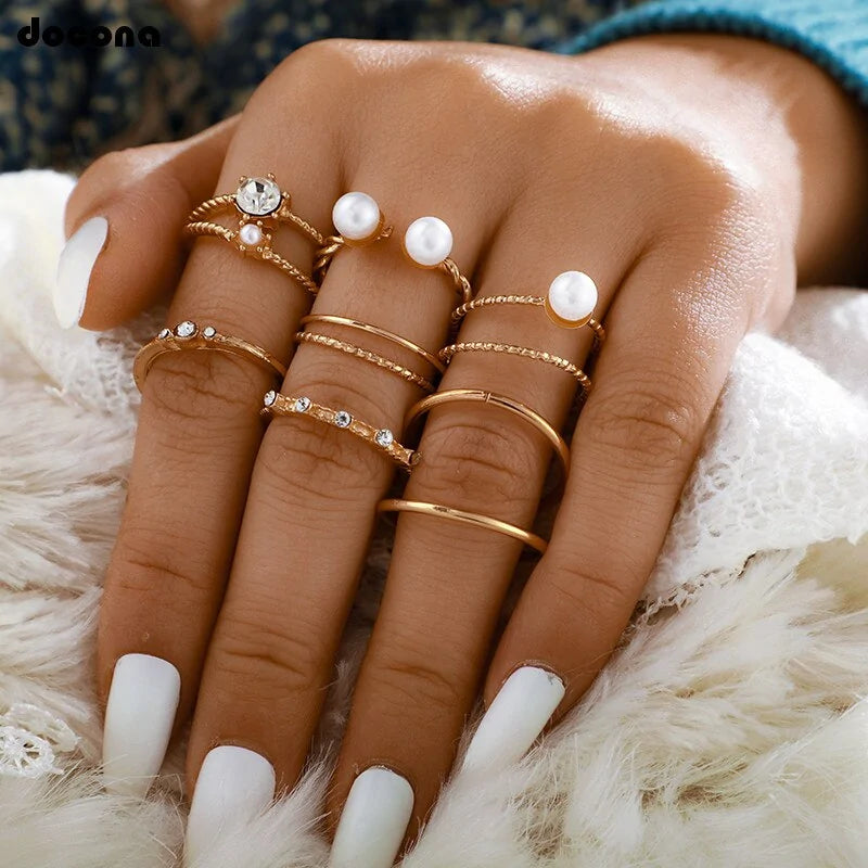 Gold Geometric Ring Set with Pearls and Crystals