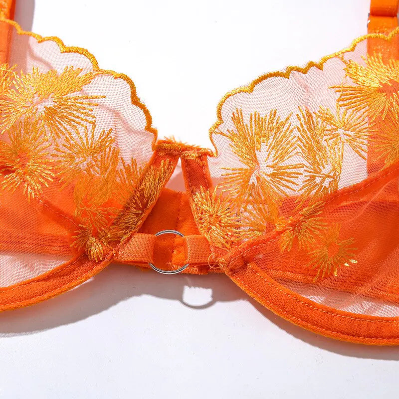 Ellolace lingerieset met oranje kantborduurwerk - sexy transparante 3-delige mesh bh en shortst