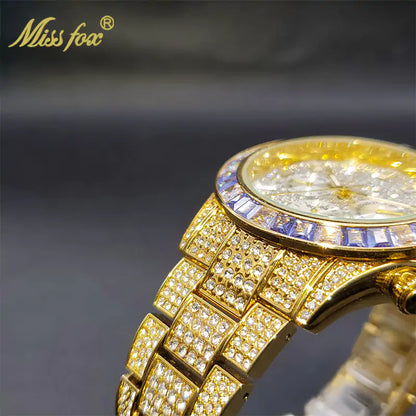 Luxury Gold Men's Watch Waterproof Stainless Steel Iced