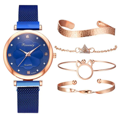 5-Piece Women's Luxury Magnet Buckle Watch Bracelet Set