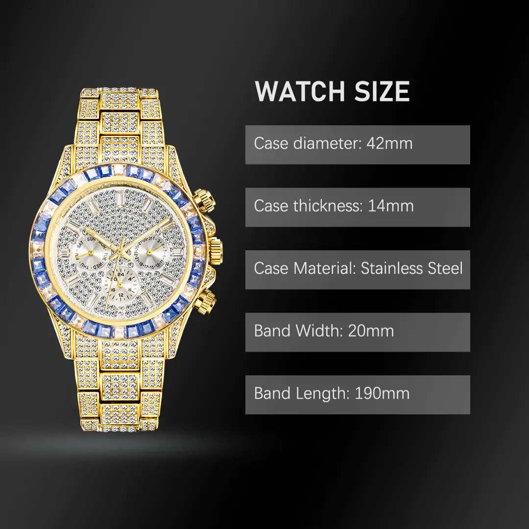 Luxury Gold Men's Watch Waterproof Stainless Steel Iced