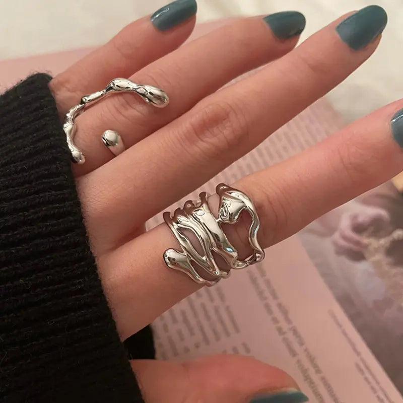 Silver Color Irregular Hollow Wide Ring