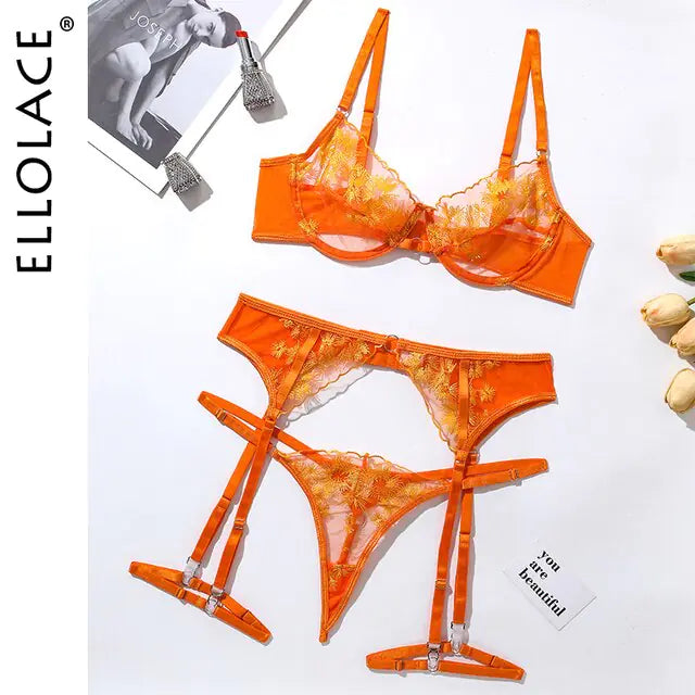 Ellolace lingerieset met oranje kantborduurwerk - sexy transparante 3-delige mesh bh en shortst