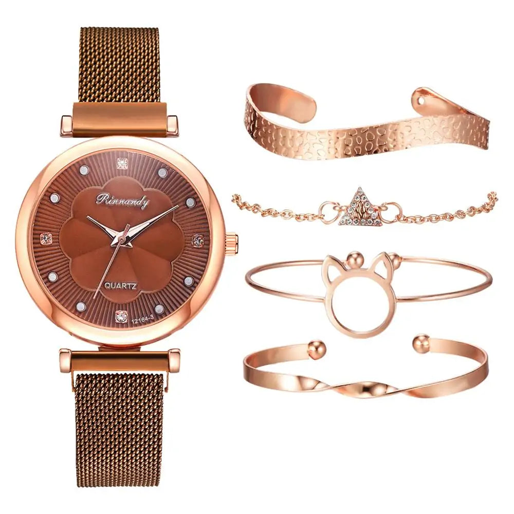 5-Piece Women's Luxury Magnet Buckle Watch Bracelet Set