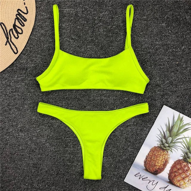 Tweedelige geribbelde neon bikini