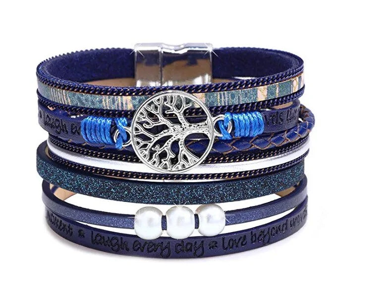 Zomer leren bedelarmband met parels en magneetgesp