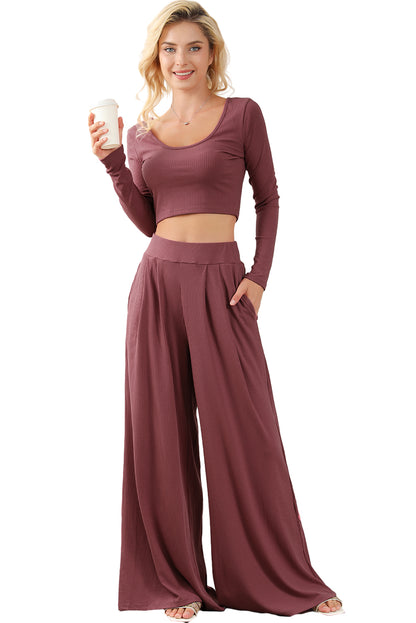 Black Solid Color Ribbed Crop Top Long Pants Set