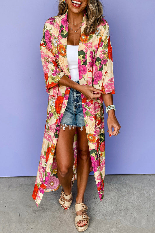 Roze bloemen allover print open voorkant riem duster kimono