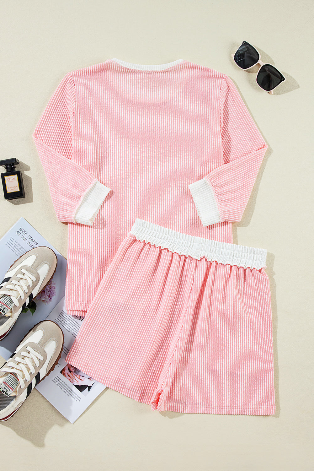 Roze Corded Colorblock Top met lange mouwen en shorts set