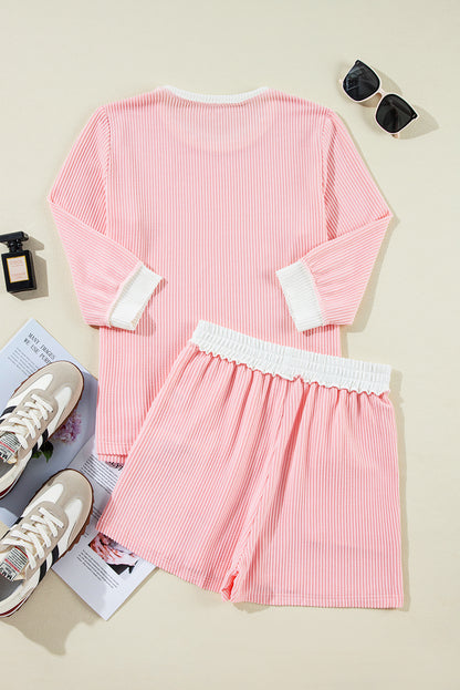 Roze Corded Colorblock Top met lange mouwen en shorts set