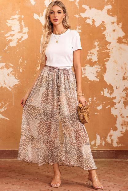 Abrikoos Boho Bloemenprint Gesmokte Taille Knoop Split Maxi Rok