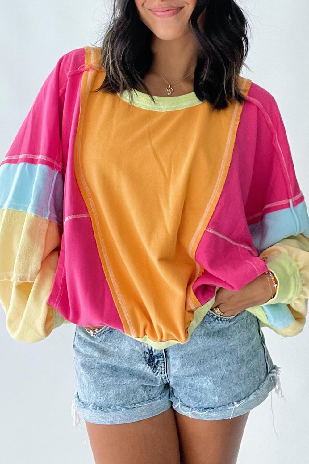 Rozerood Plus Size Colorblock Patchwork Sweatshirt met zichtbare naden