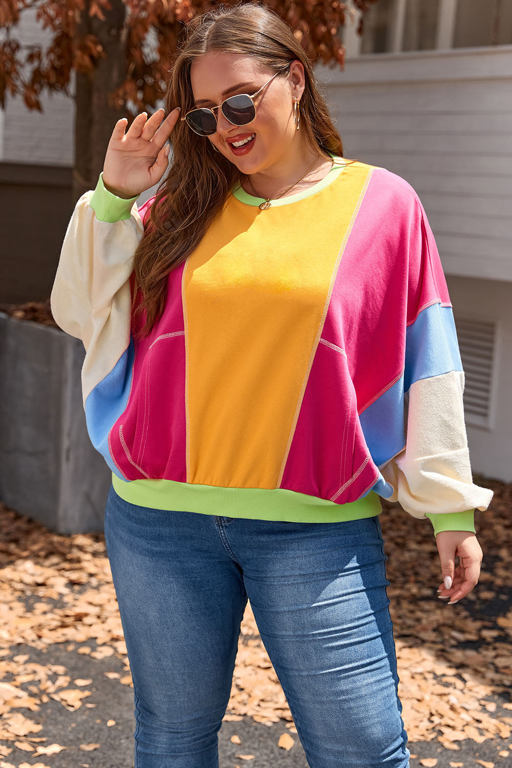 Rozerood Plus Size Colorblock Patchwork Sweatshirt met zichtbare naden