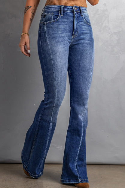 Donkerblauwe Plus Size Gestikte Gewassen Flare Jeans