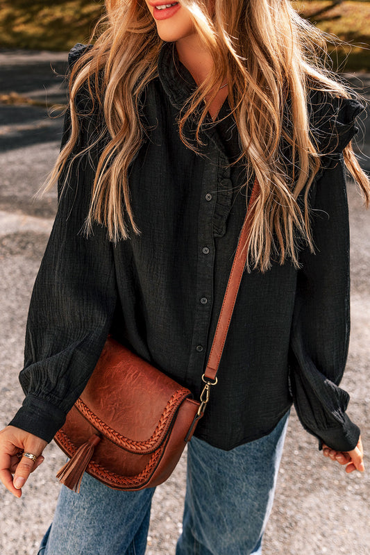 Chemise ample boutonnée à bordures volantées texturées noires