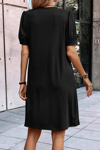 Desert Palm Notched Neck Pleated Puff Sleeve Shift T-shirt Dress