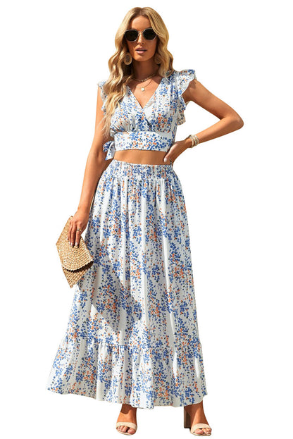 Black Multicolor Floral Ruffled Crop Top and Maxi Skirt Set