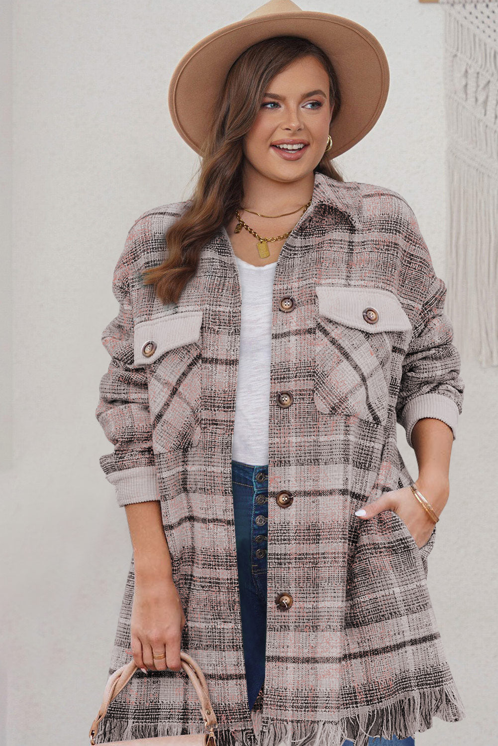 Roze Plus Size Macrame Plaid Jas