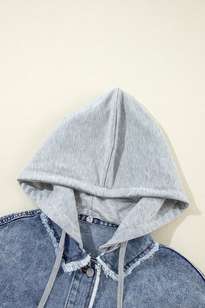 Beau Blue Plaid Print Patchwork Hooded Raw Hem Denim Jack