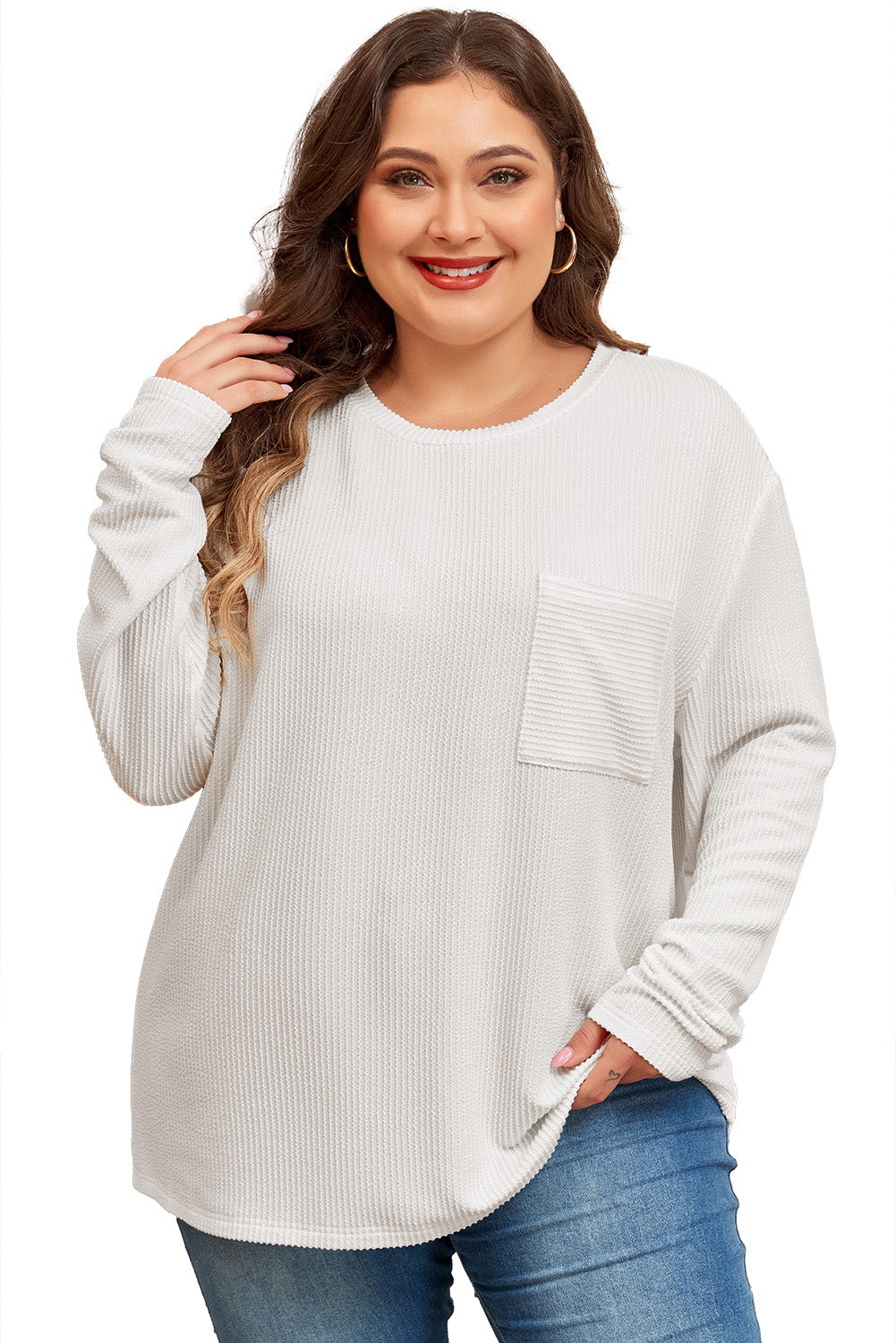 Wit Plus Size Geribbeld Getextureerd T-shirt met Lange Mouwen