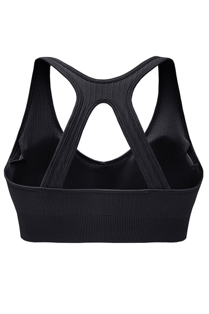 Black Ribbed Hollow-out Racerback Yoga Sports Bra