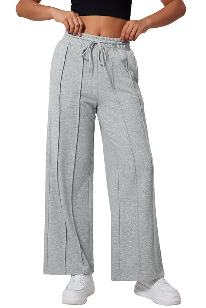 Gray Seamed Drawstring High Waist Wide Leg Sweatpants