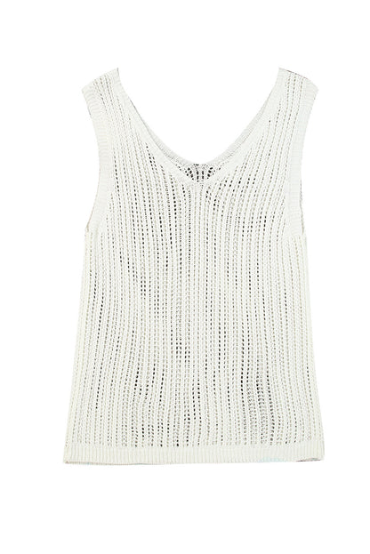 White Hollowed Knit V Neck Tank Top