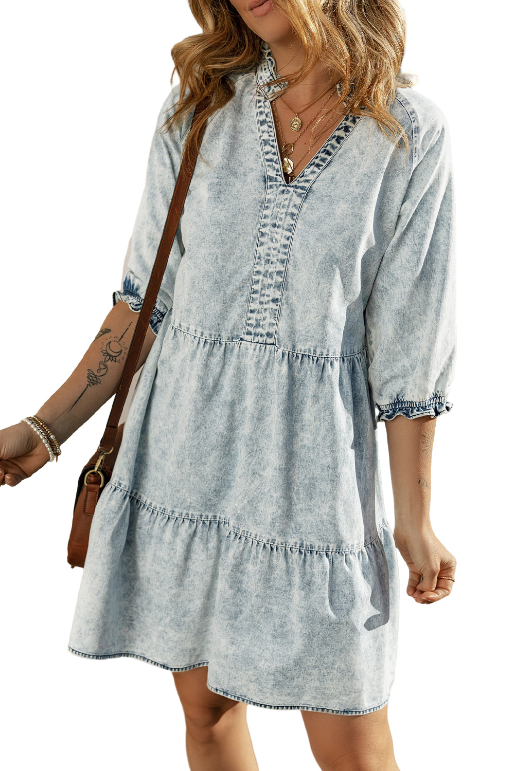 Dusk Blue Acid Wash Retro Half Sleeve Flared Denim Jurk