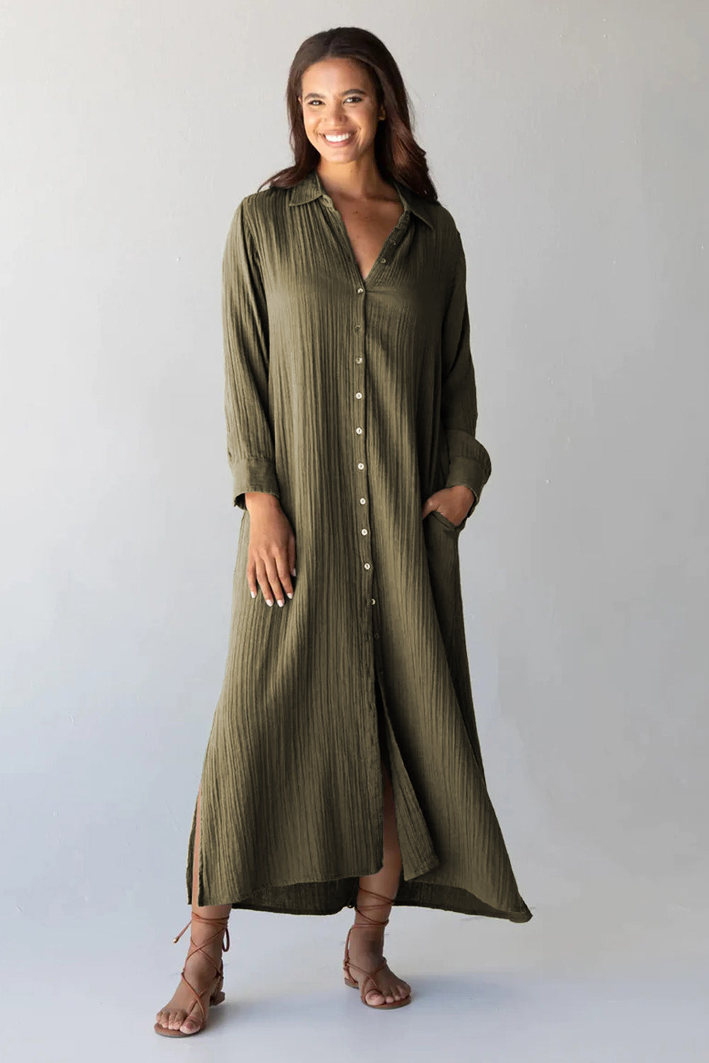 Groene gekreukte, casual split-shirt maxi-jurk met knopen