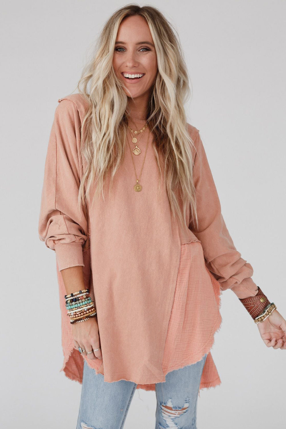 Camel Crinkle Splicing Raw Hem High Low Oversized Blouse