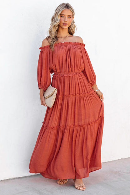 Orange Off Shoulder Balloon Sleeve Cutout Ruffled Maxi Dress