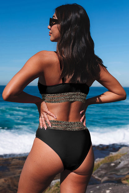 Zwarte rozen luipaard mesh trim 2-delige bikini badpak