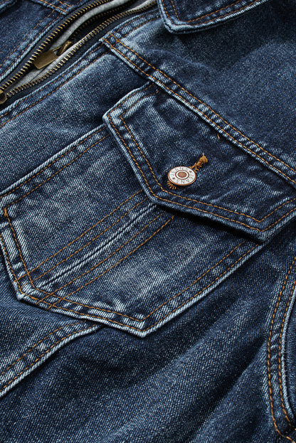 Donkerblauw nep tweedelig denim jack met capuchon en rits