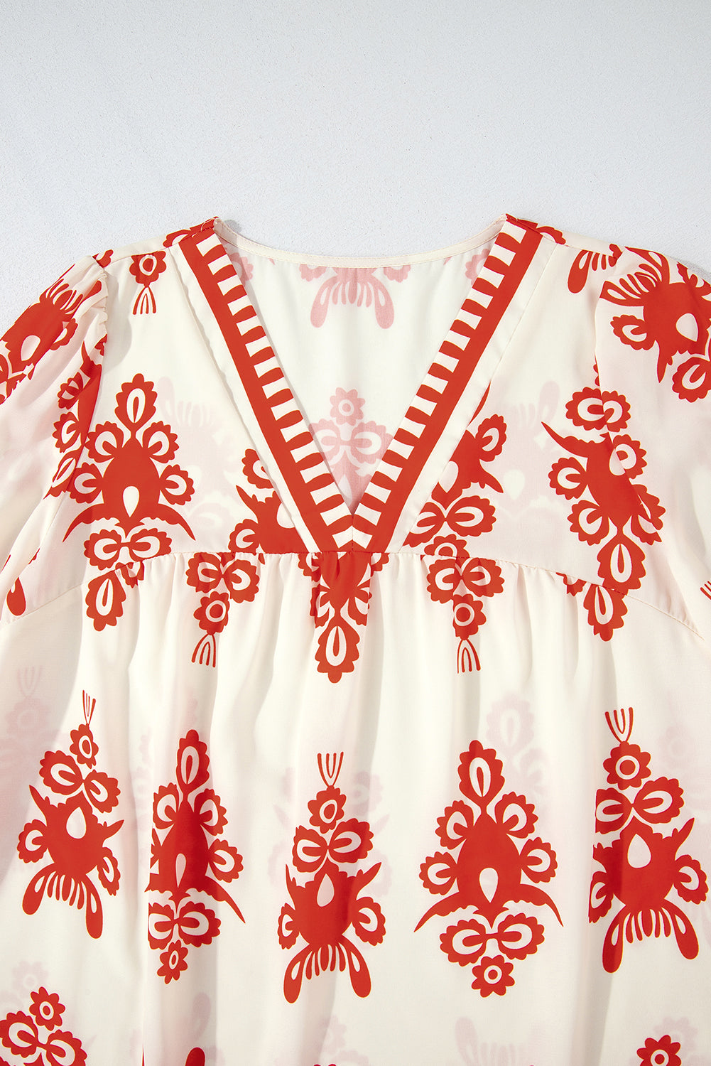 Oranje Vintage Geometrisch Geprinte 3/4 Mouw V Hals Blouse