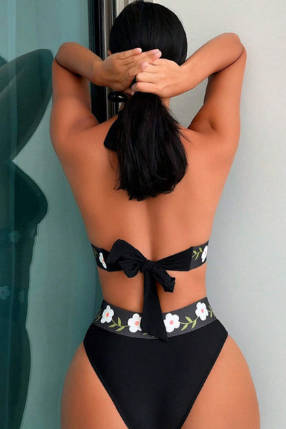 Black Floral Banded Halter High Waisted Swimsuit