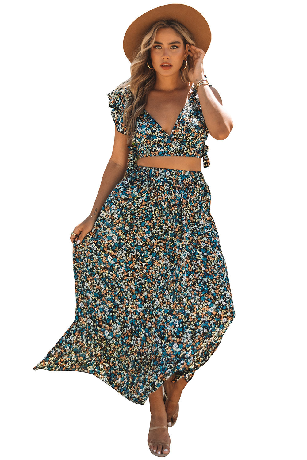 Black Multicolor Floral Ruffled Crop Top and Maxi Skirt Set