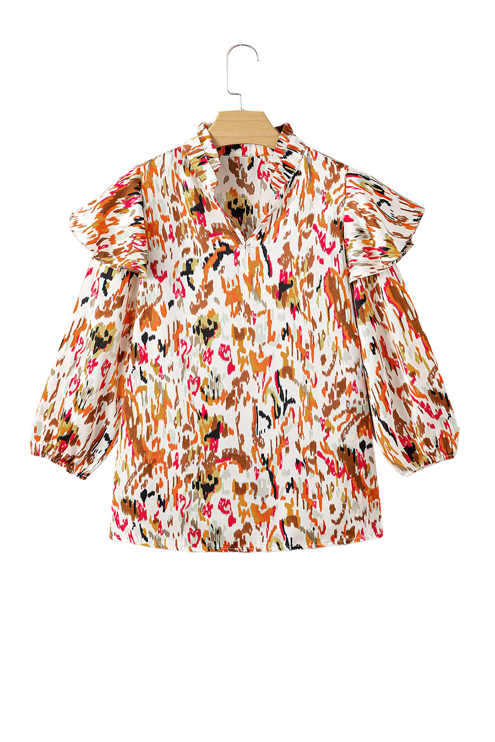 Blouse met veelkleurige abstracte print, 3/4 pofmouwen en ruches