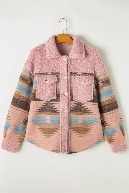 Roze Western Aztec Print Sherpa Splicing Geknoopte Jas met Klepzakken