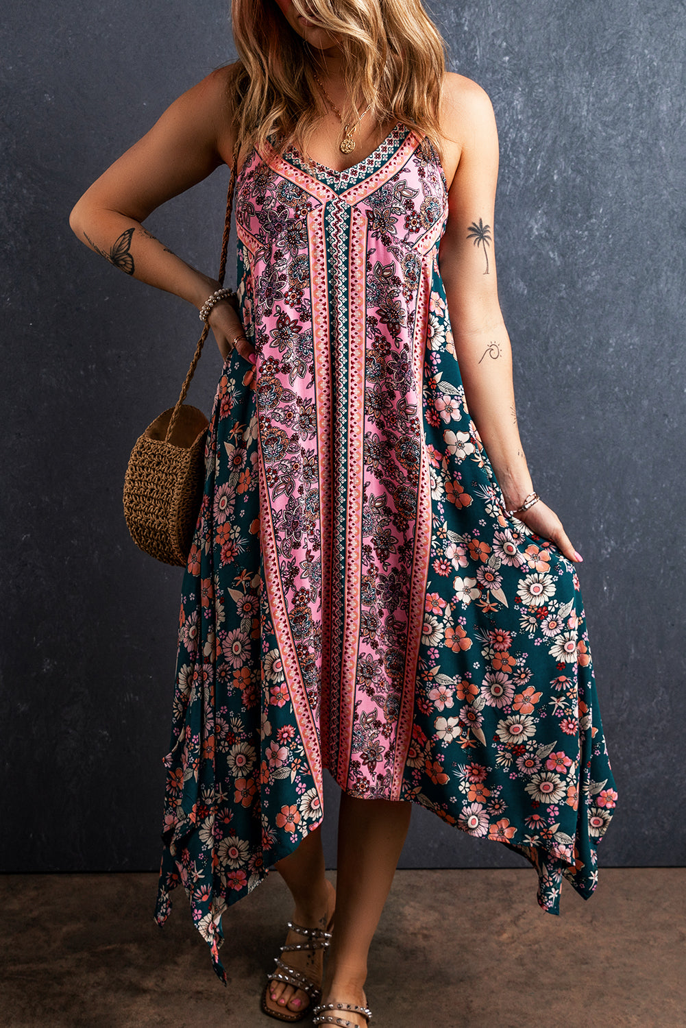 Roze Bohemian Floral Patchwork Print Lange Zomerjurk