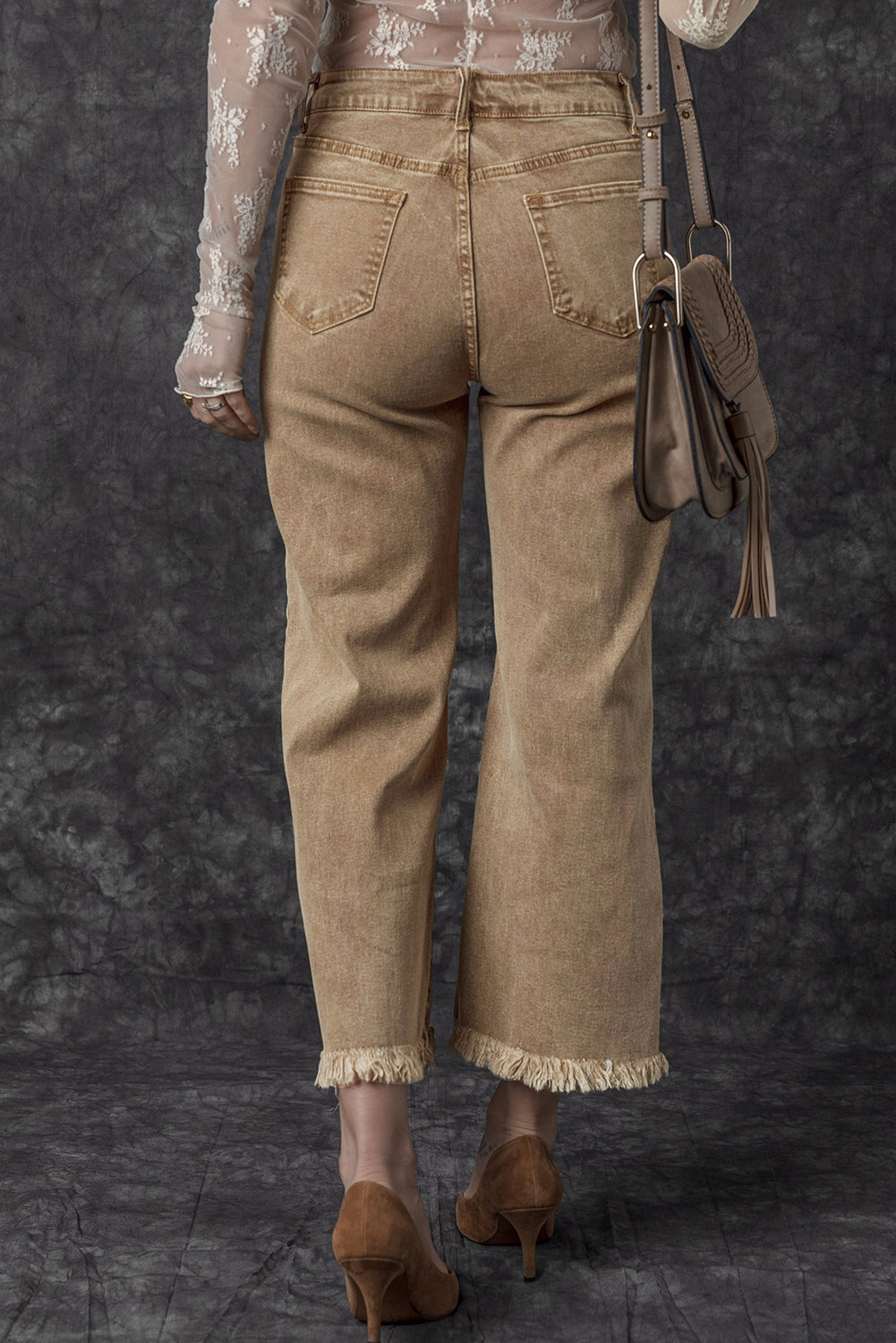 Lichte Franse beige acid washed high rise cropped wijde pijp jeans