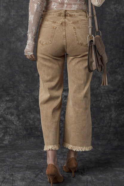 Lichte Franse beige acid washed high rise cropped wijde pijp jeans