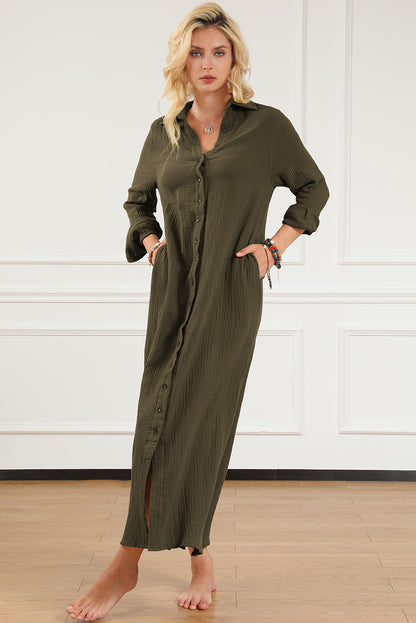 Groene gekreukte, casual split-shirt maxi-jurk met knopen