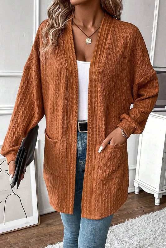 Cardigan ouvert sur le devant en tricot texturé marron avec poches latérales