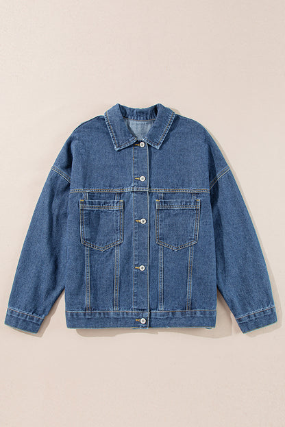 Blue Stripe Washed Oversize Pocketed Denim Jacket