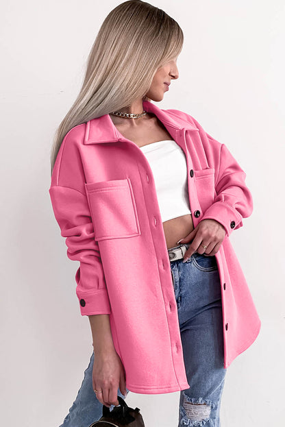 Roze effen kleur zak knoopsluiting lange mouw shacket