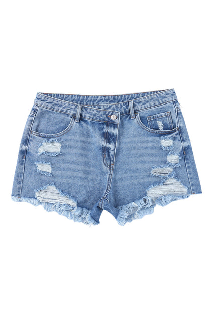 Hemelsblauwe denim shorts met hoge taille en gekruiste taille