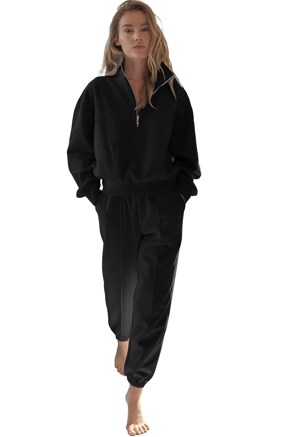 Black Half Zip up Pullover Active Top and Joggers Set